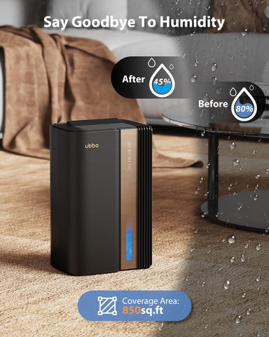 UBBO dehumidifier shown in a living room for up to 1000 sq ft moisture control