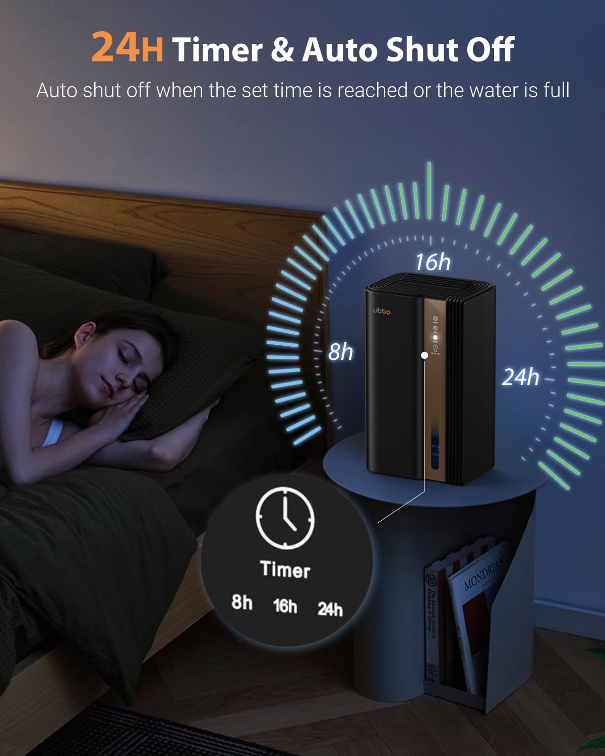 UBBO dehumidifier timer settings of 8, 16, and 24 hours for flexible use
