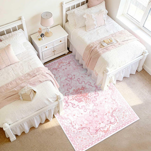 Ucharm Pink Bow Rug in living room offers stylish warmth with non-slip backing.