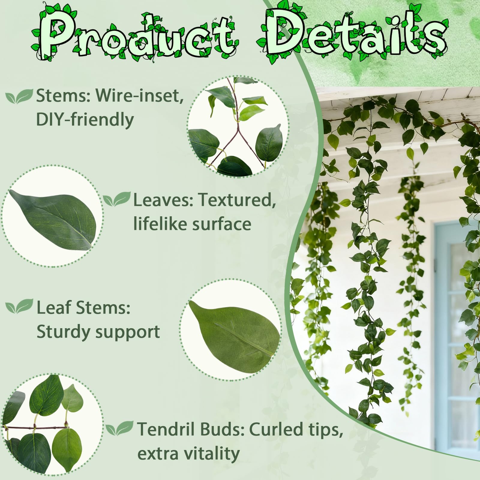 Ucky green vines on wall decor, perfect for living room accents.