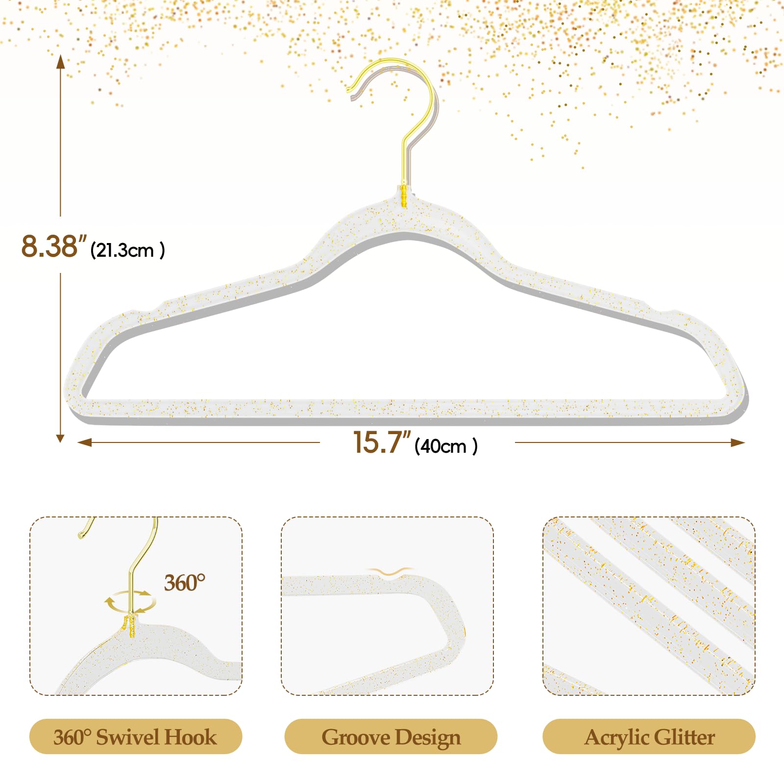 UEAKPIC acrylic hangers with gold glitter support up to 11 pounds.
