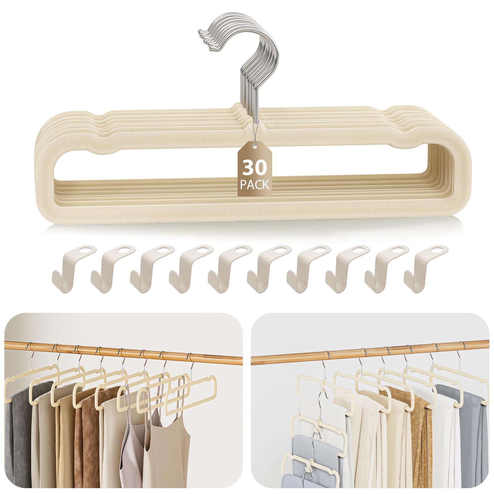 UEAKPIC Velvet Felt Pants Hangers Ivory front view for compact space-saving organization