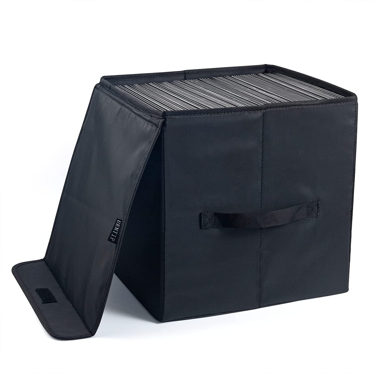 UENTIP vinyl storage box in black front view showing sleek design and lid protection.