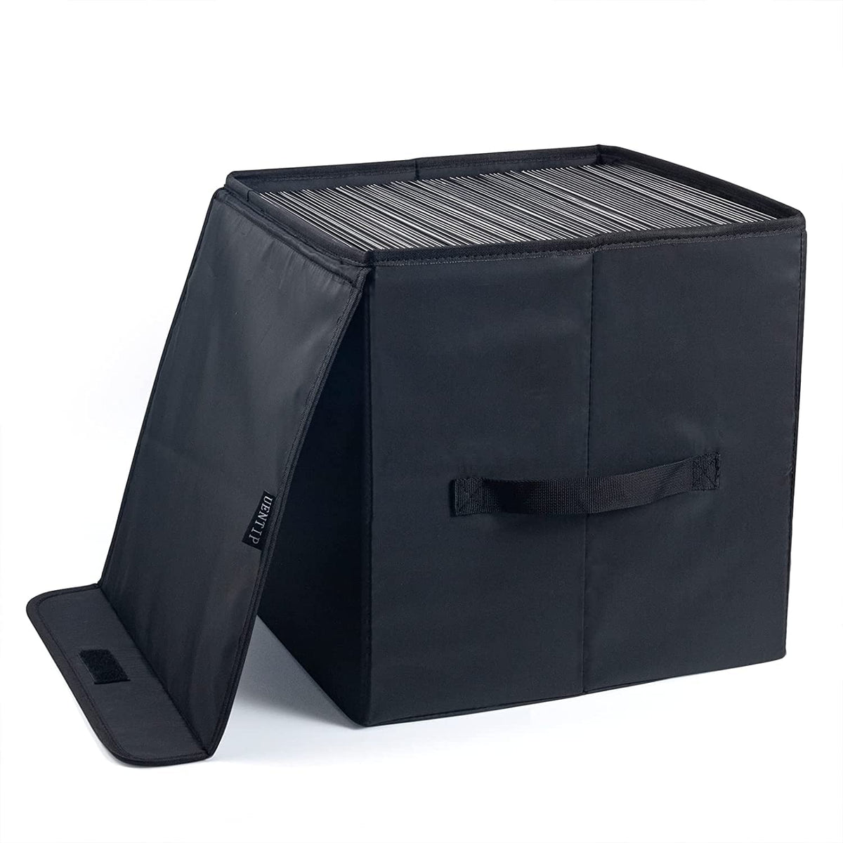 UENTIP vinyl storage box in black front view showing sleek design and lid protection.
