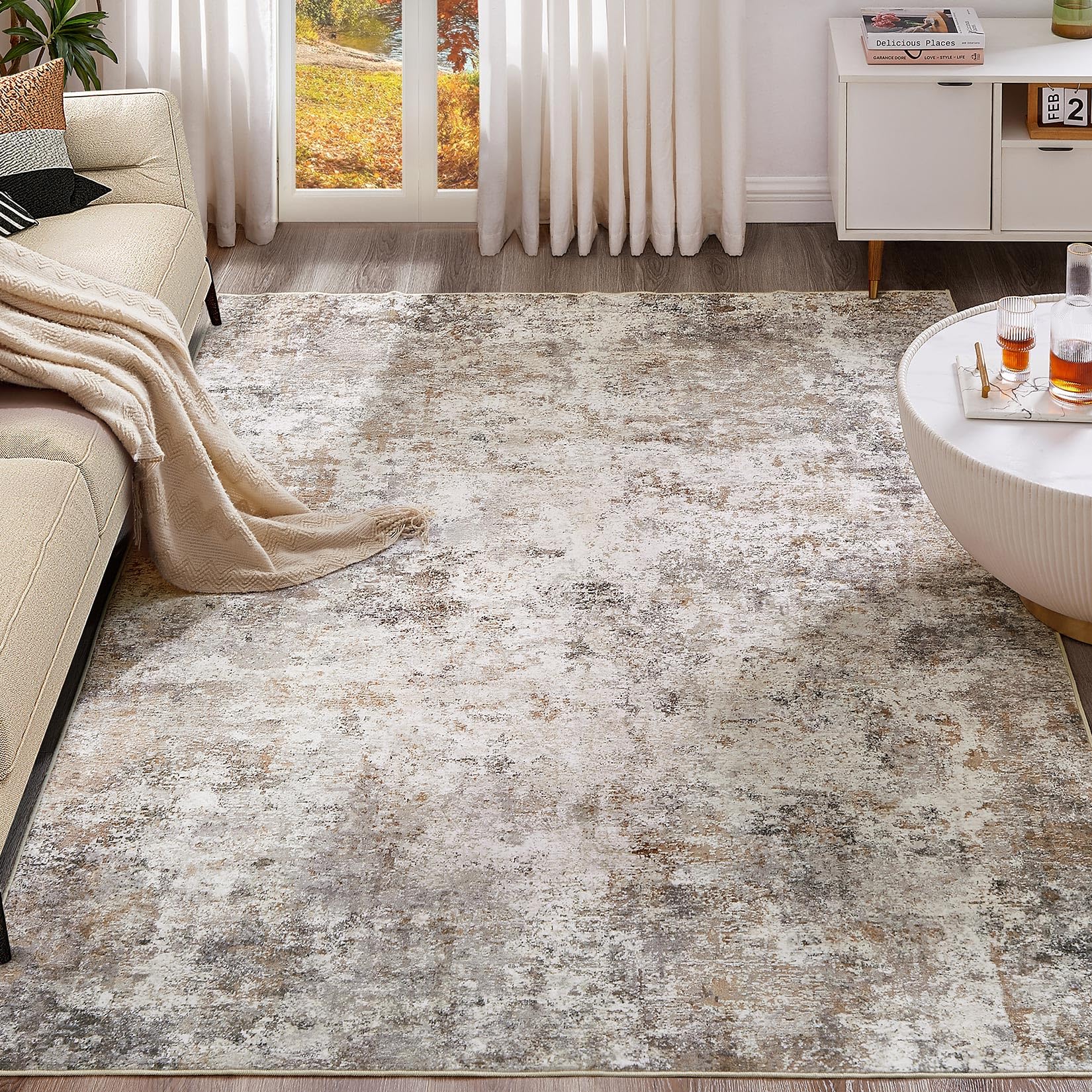 UERMEI 7x9 area rug overview with warm neutral tones for living rooms.