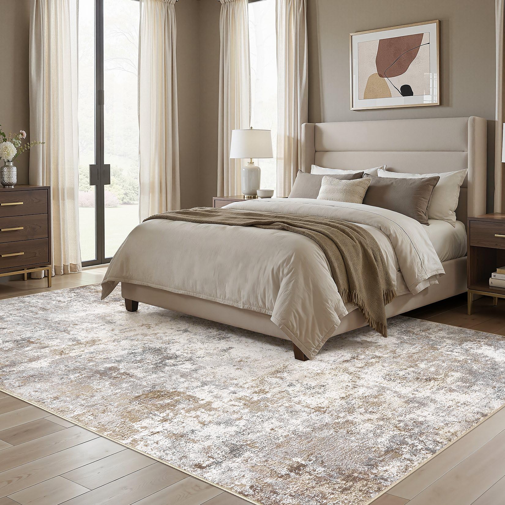 Neutral abstract brown and grey rug design for versatile decor.