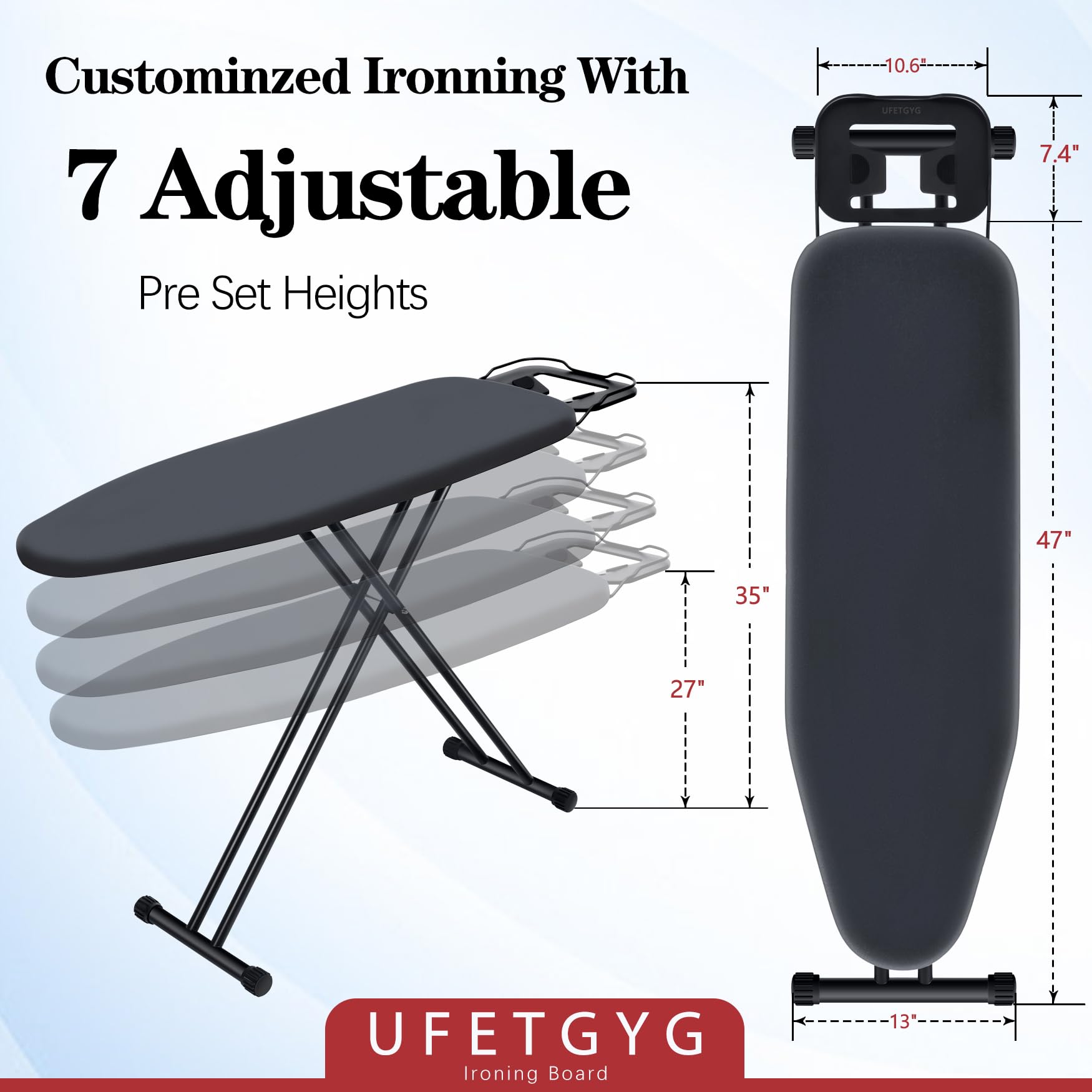 UFETGYG ironing board, 43 by 13 inches, fits tight spaces.