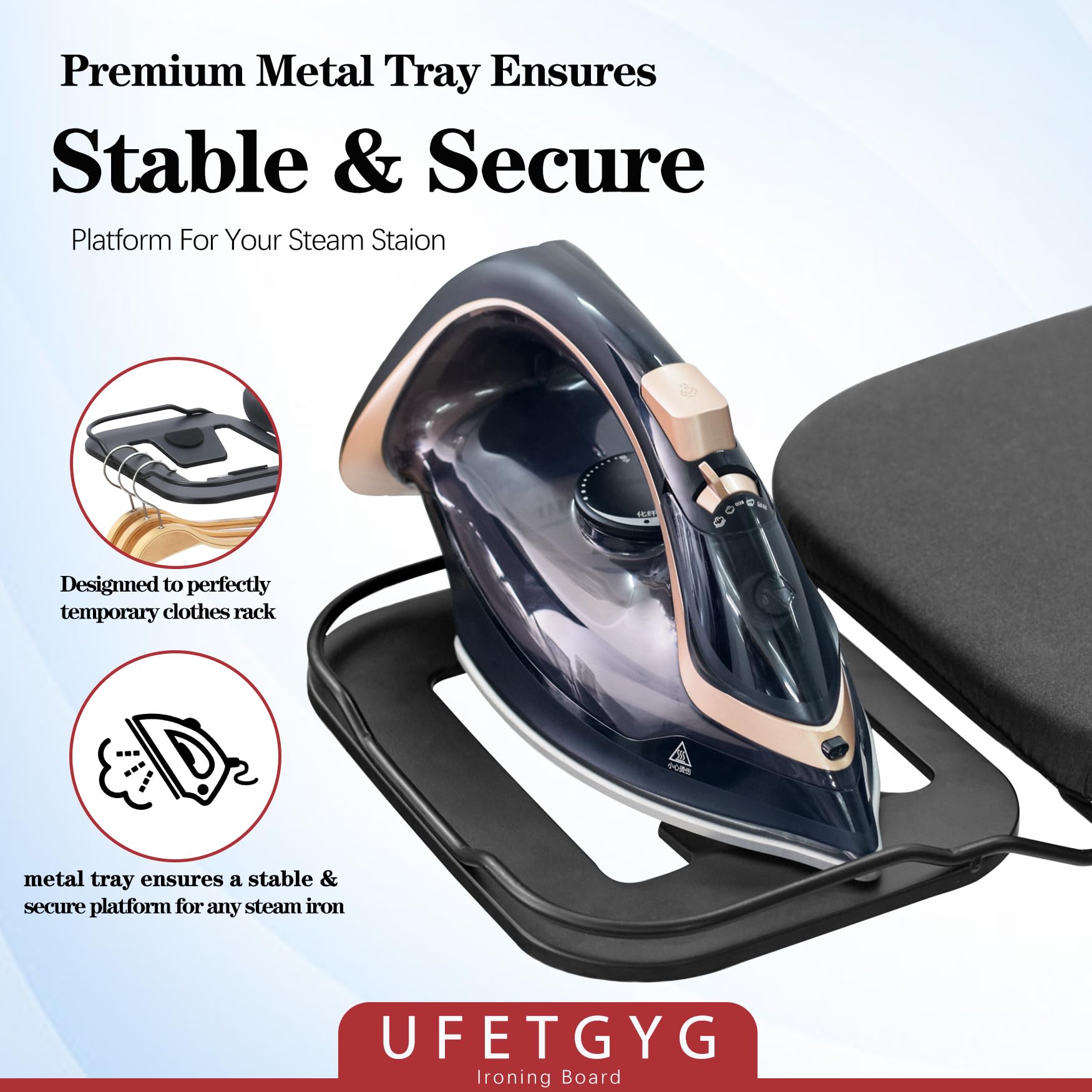 UFETGYG iron rest provides safe space for hot irons.