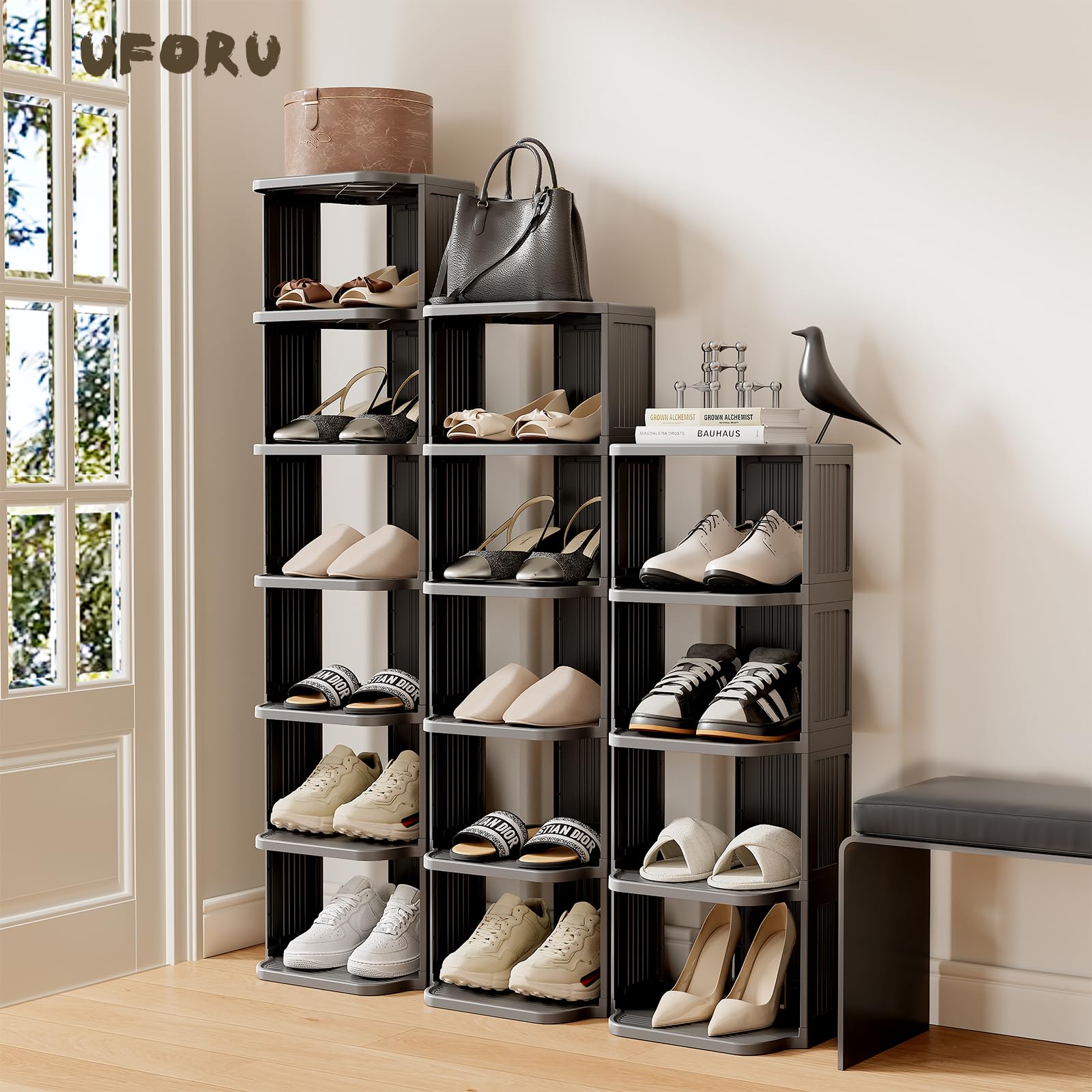 UFORU free-standing unit fits beside desks and entryways for quick shoe access.