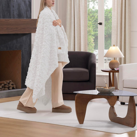 UGG Adalee faux fur throw blanket on couch for cozy living room layering.