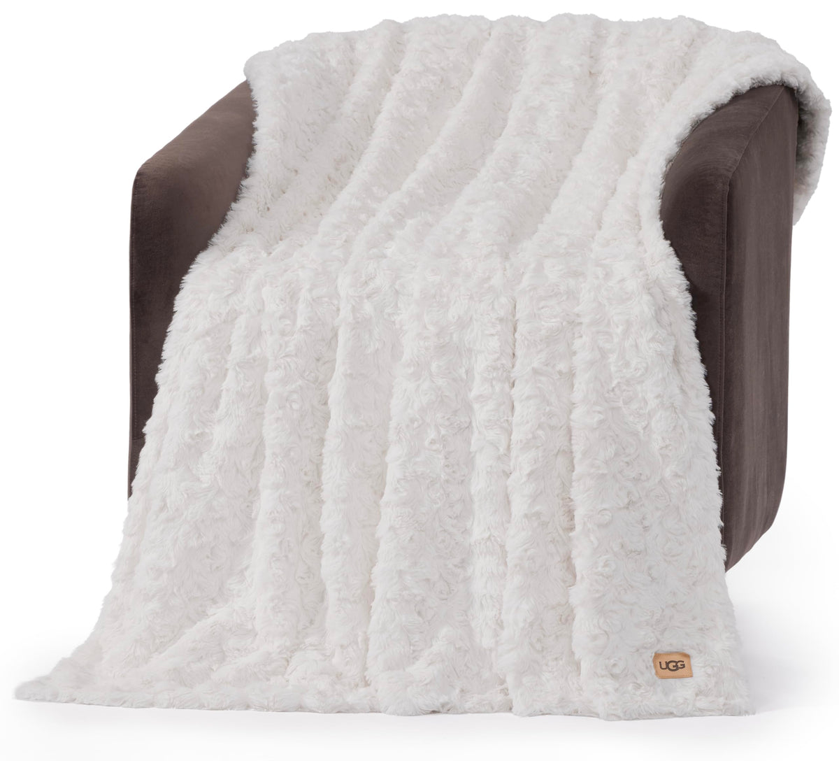 UGG Adalee faux fur throw blanket shows wave texture for luxurious couch styling.