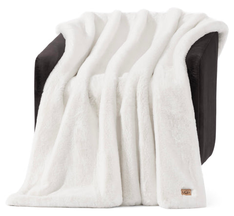 UGG Euphoria plush faux fur throw front view, adds luxurious warmth to your sofa