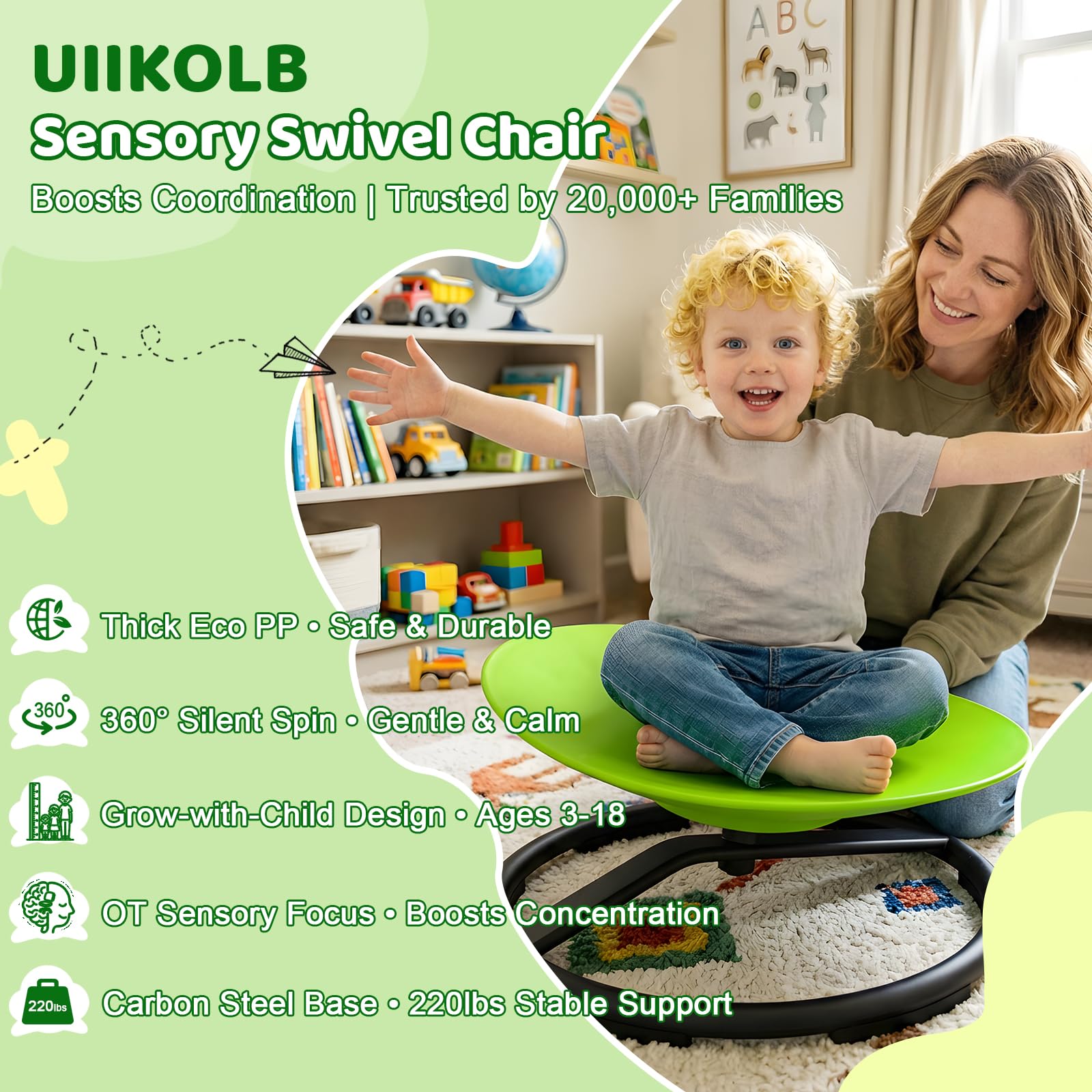 UIIKOLB chair in indoor and outdoor settings for versatile sensory play