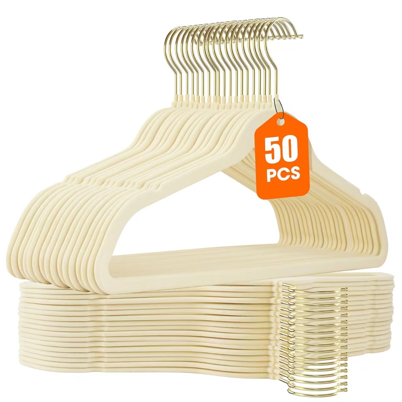 Uinicor beige velvet hanger with non-slip surface keeps garments in place.