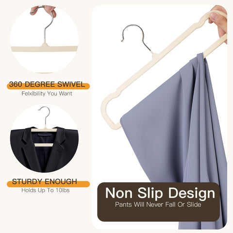 Uinicor velvet hangers with 360-degree swivel hooks securely hold outfits