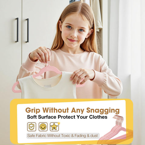 Uinicor Kids Hangers with 360 swivel hook for easy access and organization.