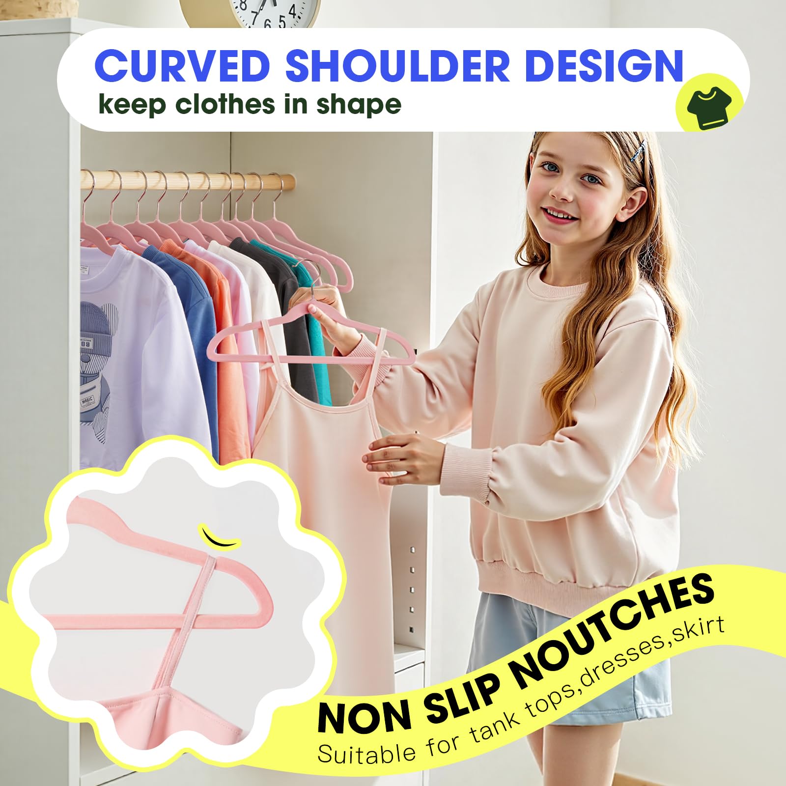 Uinicor Kids Hangers shoulder-notch design keeps dresses secure.