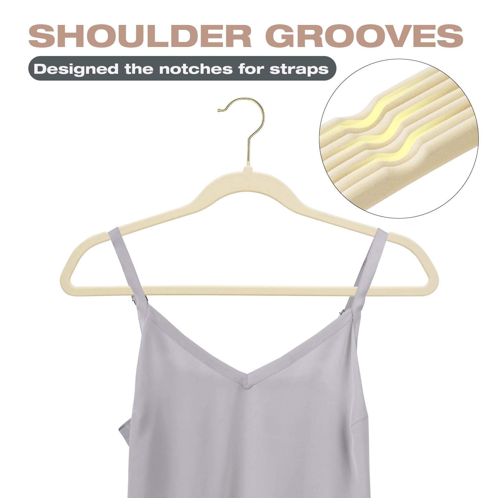Uinicor velvet hanger features curved shoulders to preserve garment shape.