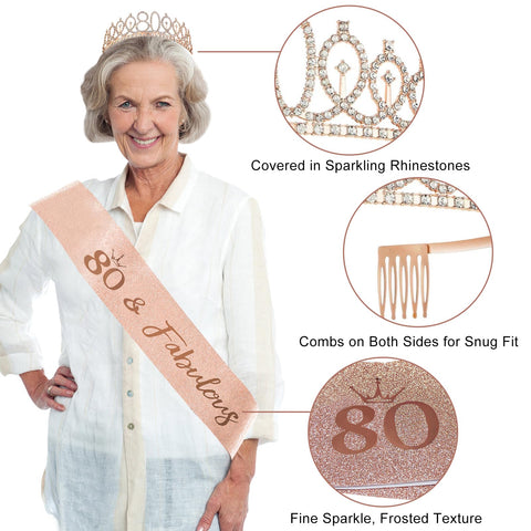 Uiorgui 80th birthday backdrop provides a shimmering rose gold setting for photos.