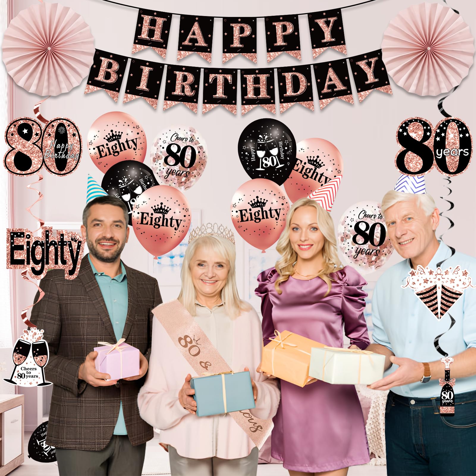 Uiorgui 80th birthday paper fans add decorative dimension and soft ambiance.