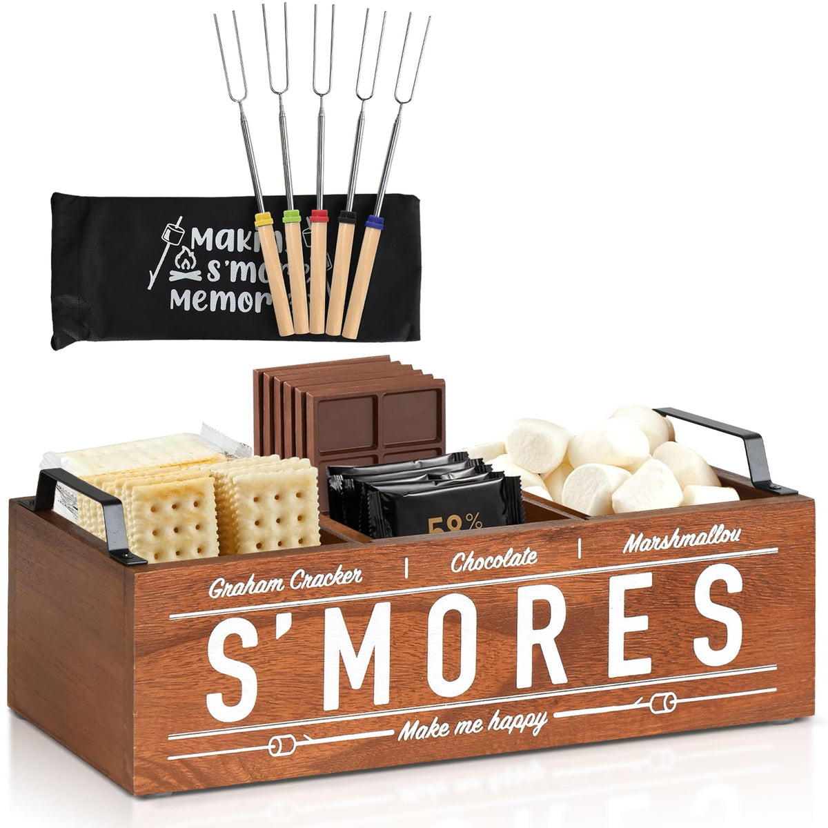 Uipame S'Mores Station wooden caddy with 5 forks for organized outdoor gatherings.