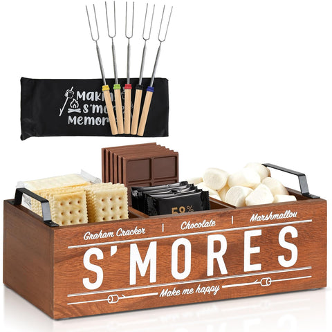 Uipame S'Mores Station wooden caddy with 5 forks for organized outdoor gatherings.
