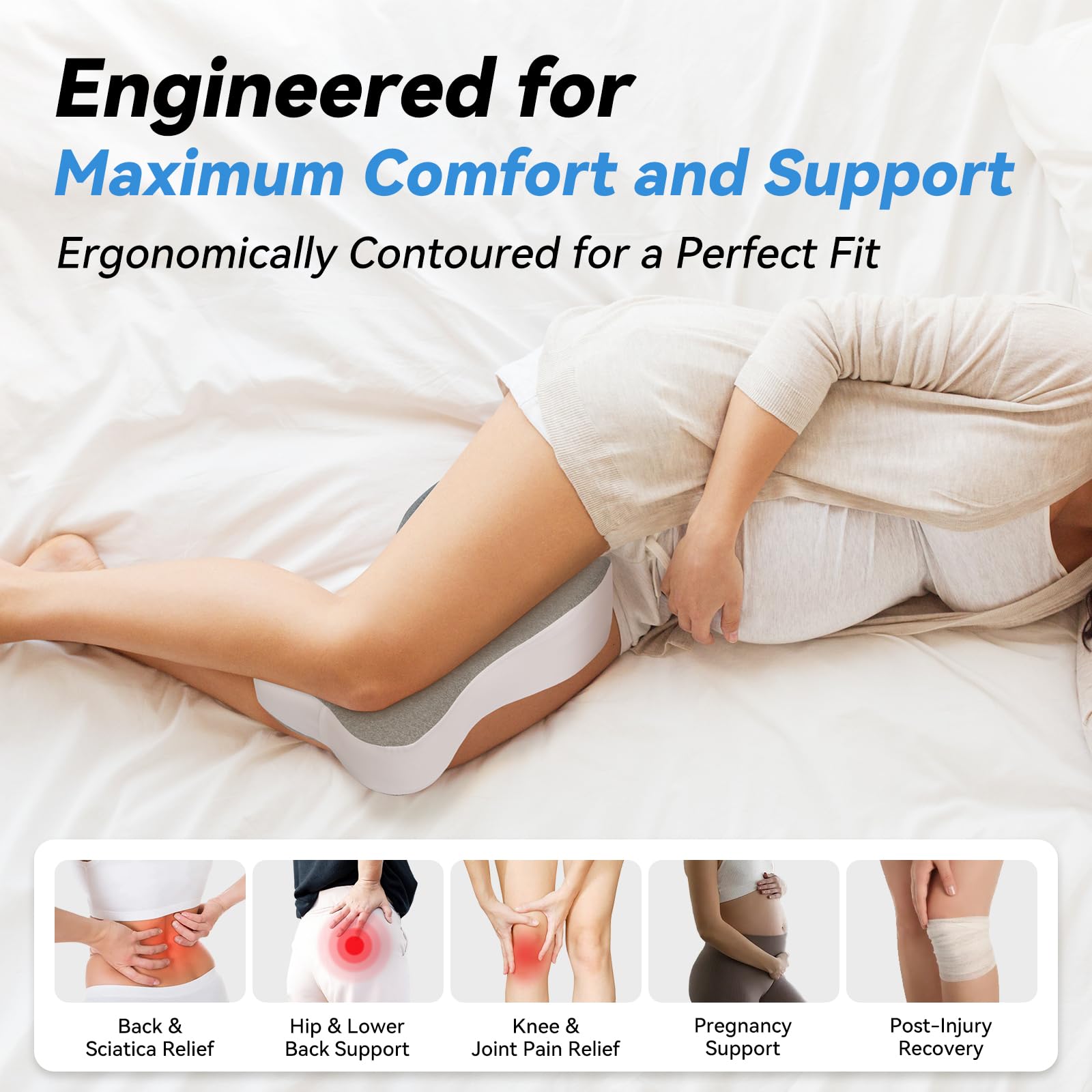 UJPFEO knee pillow with dual inner grooves separates knees and thighs.