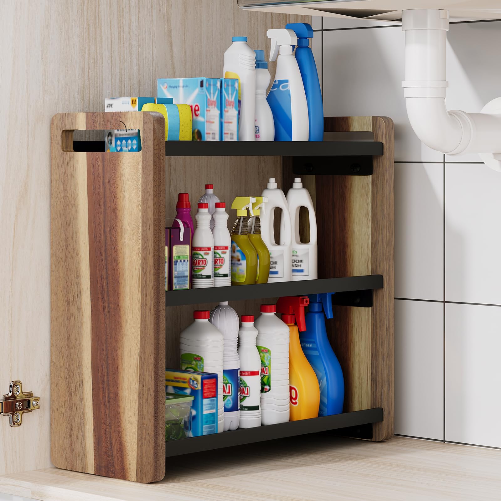 UJQSUN bathroom counter shelf in brown blends with decor and reduces clutter.