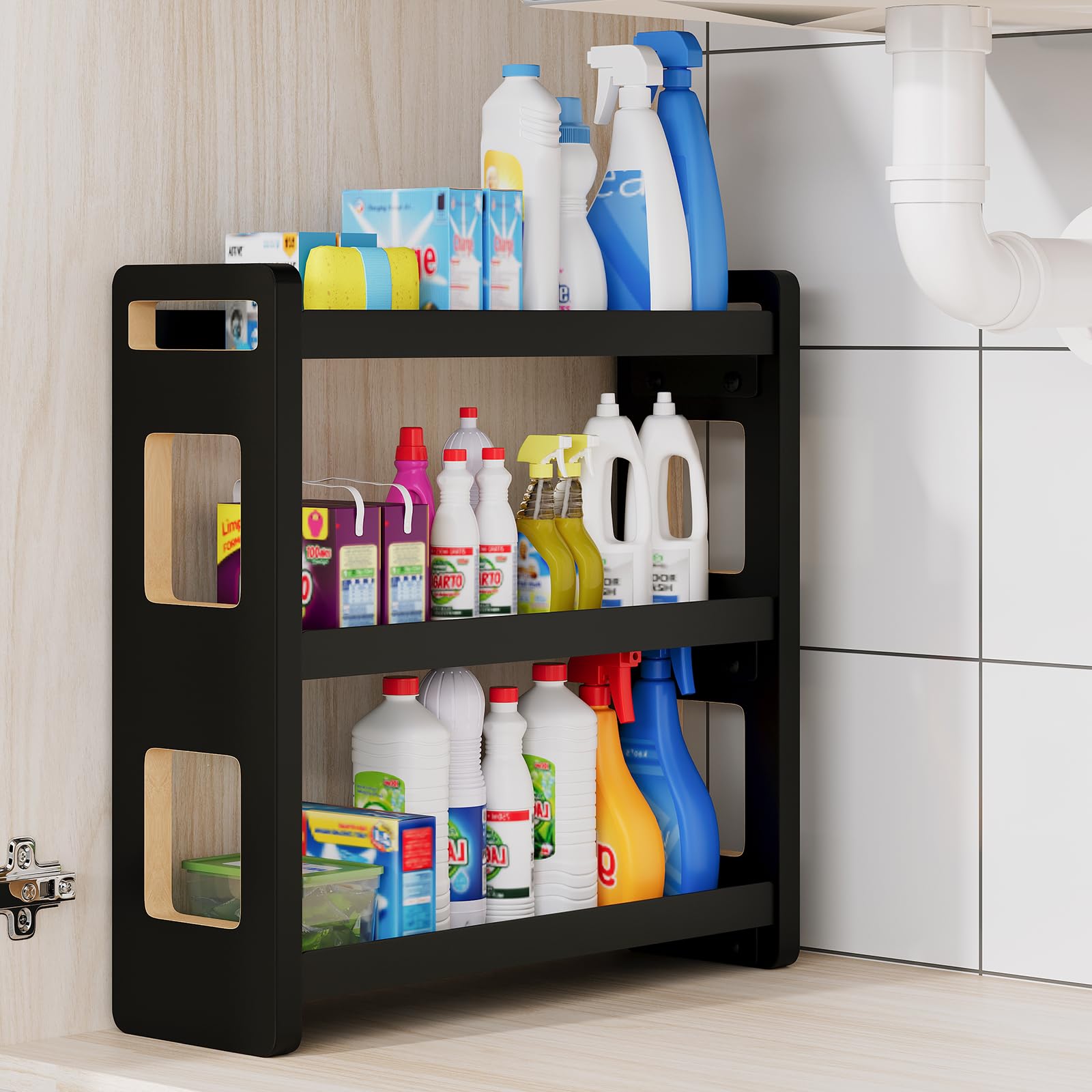 UJQSUN three-tier bathroom shelf maximizing counter space and storage