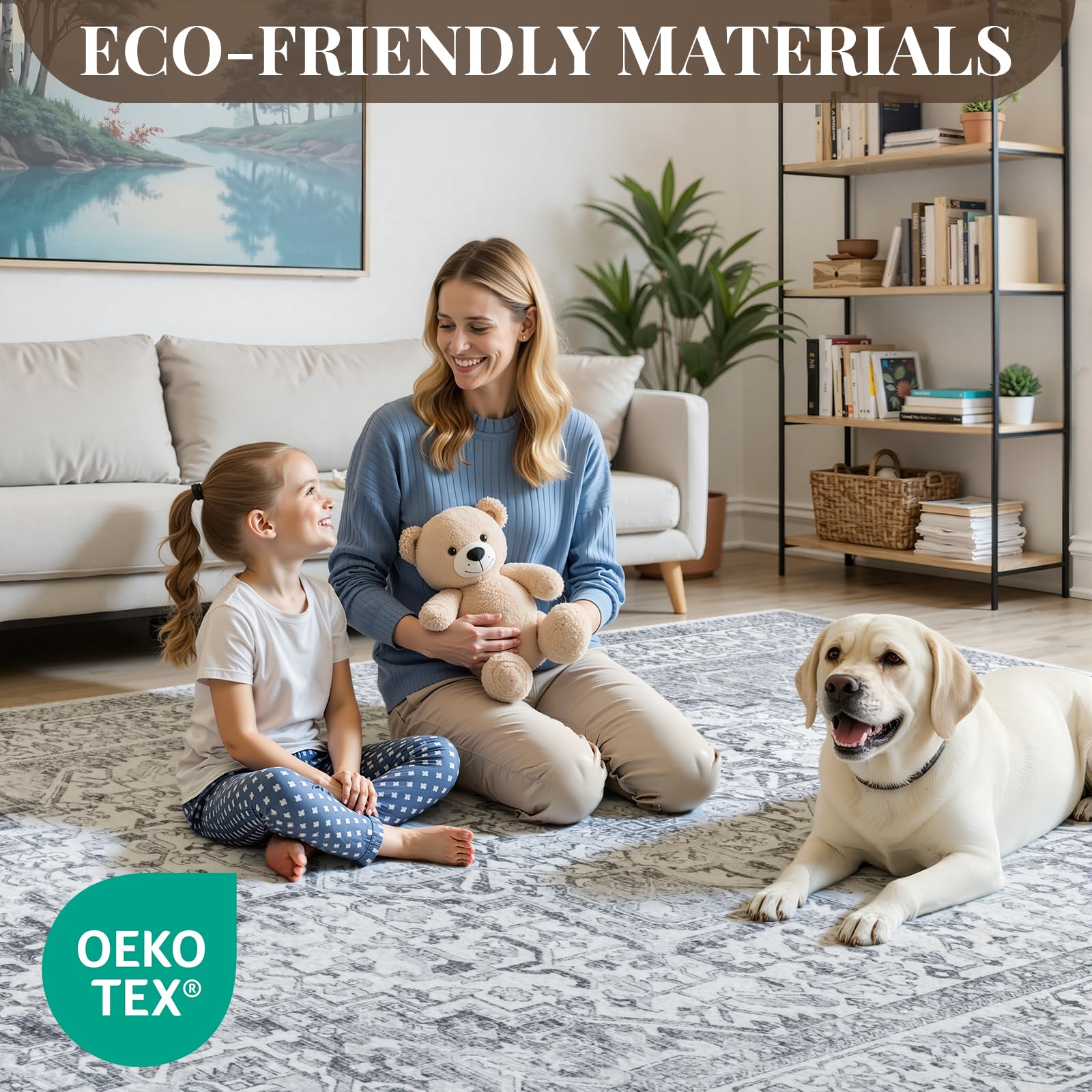 UKISS Washable Area Rug features a vintage design that warms bedrooms and family spaces.