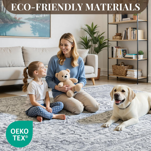 UKISS Washable Area Rug features a vintage design that warms bedrooms and family spaces.