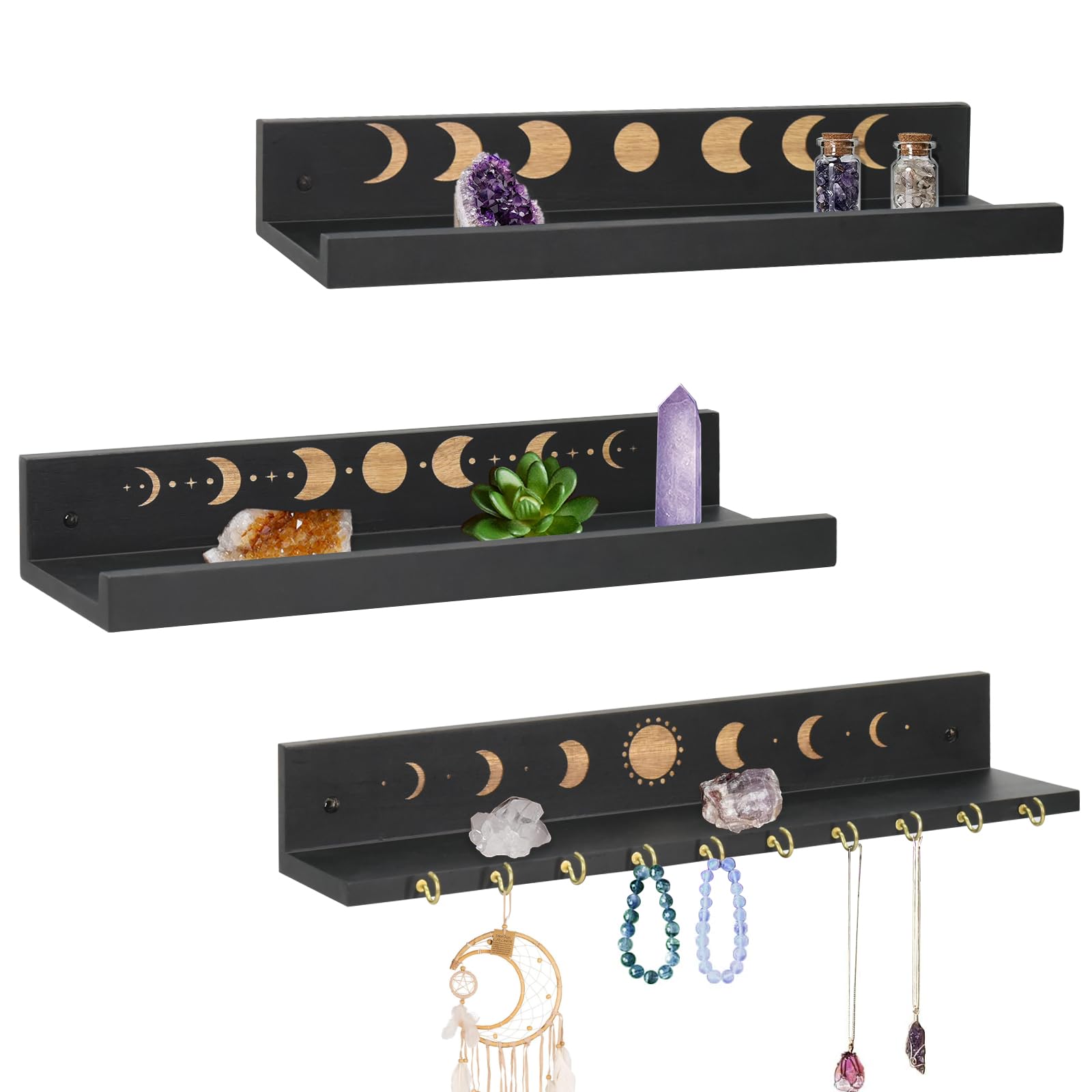 Ukonvi crystal shelf with moon hooks displays jewelry and crystals.