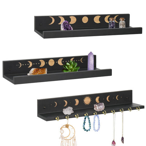 Ukonvi crystal shelf with moon hooks displays jewelry and crystals.