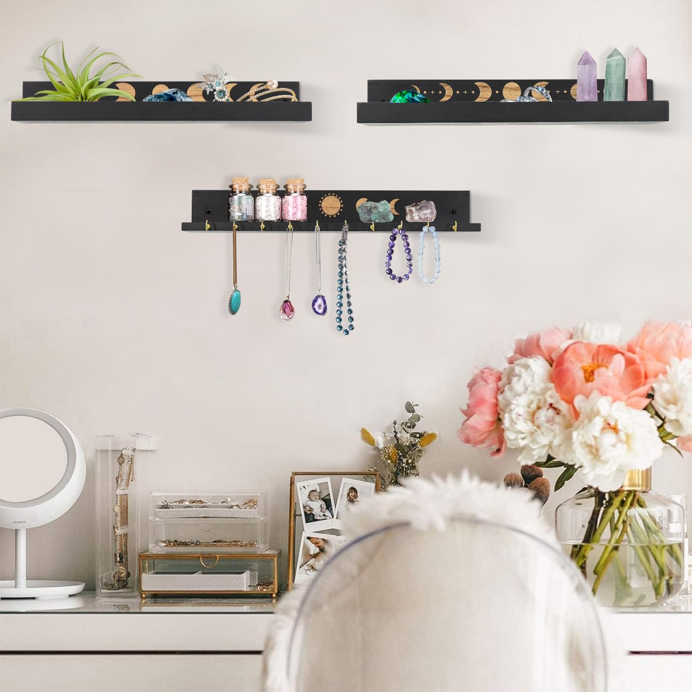 Ukonvi essential oils shelf blends aromatherapy with moon-inspired design.