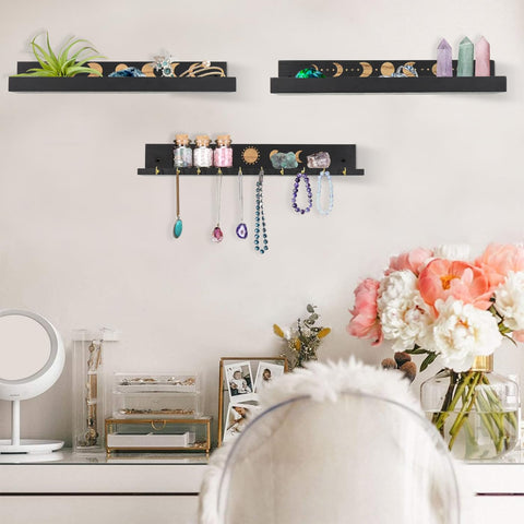 Ukonvi essential oils shelf blends aromatherapy with moon-inspired design.