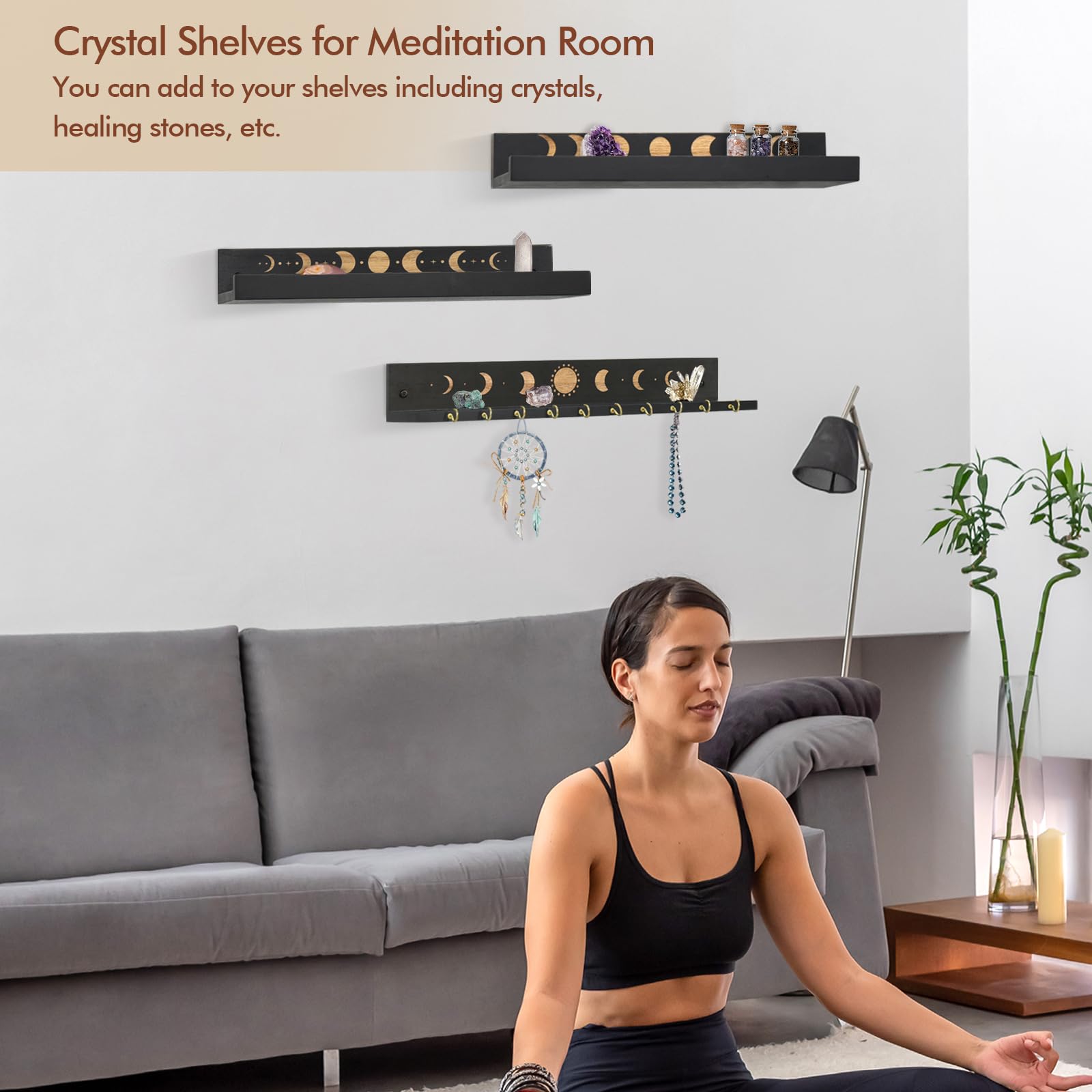Ukonvi floating shelves provide celestial decor and compact wall storage.
