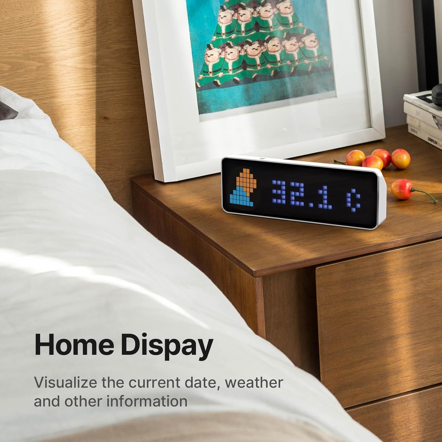 ULANZI TC001 weather display provides ambient time-weather context beside your bed.