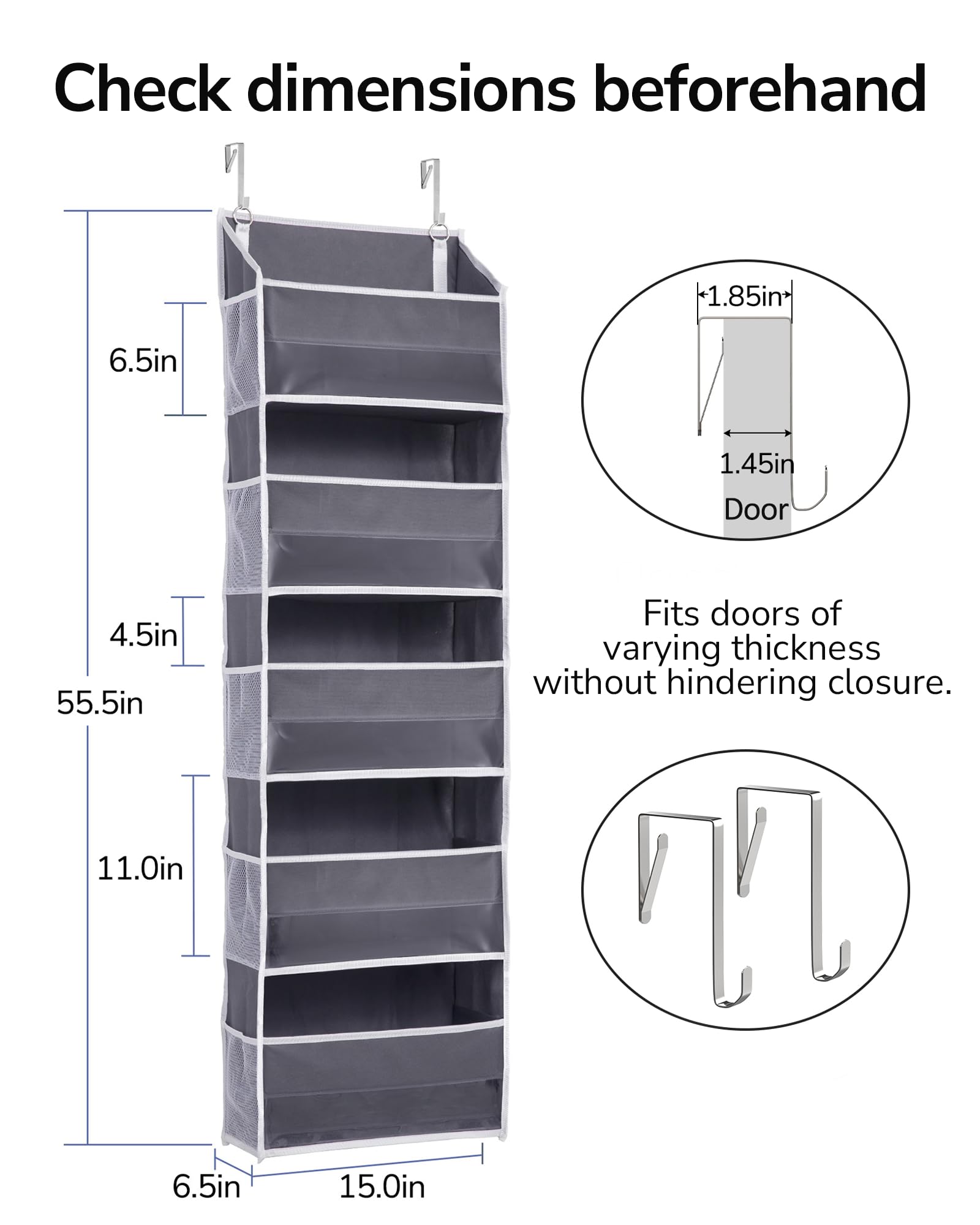 ULG over-the-door organizer mesh pockets closeup in dark gray for easy access to small items