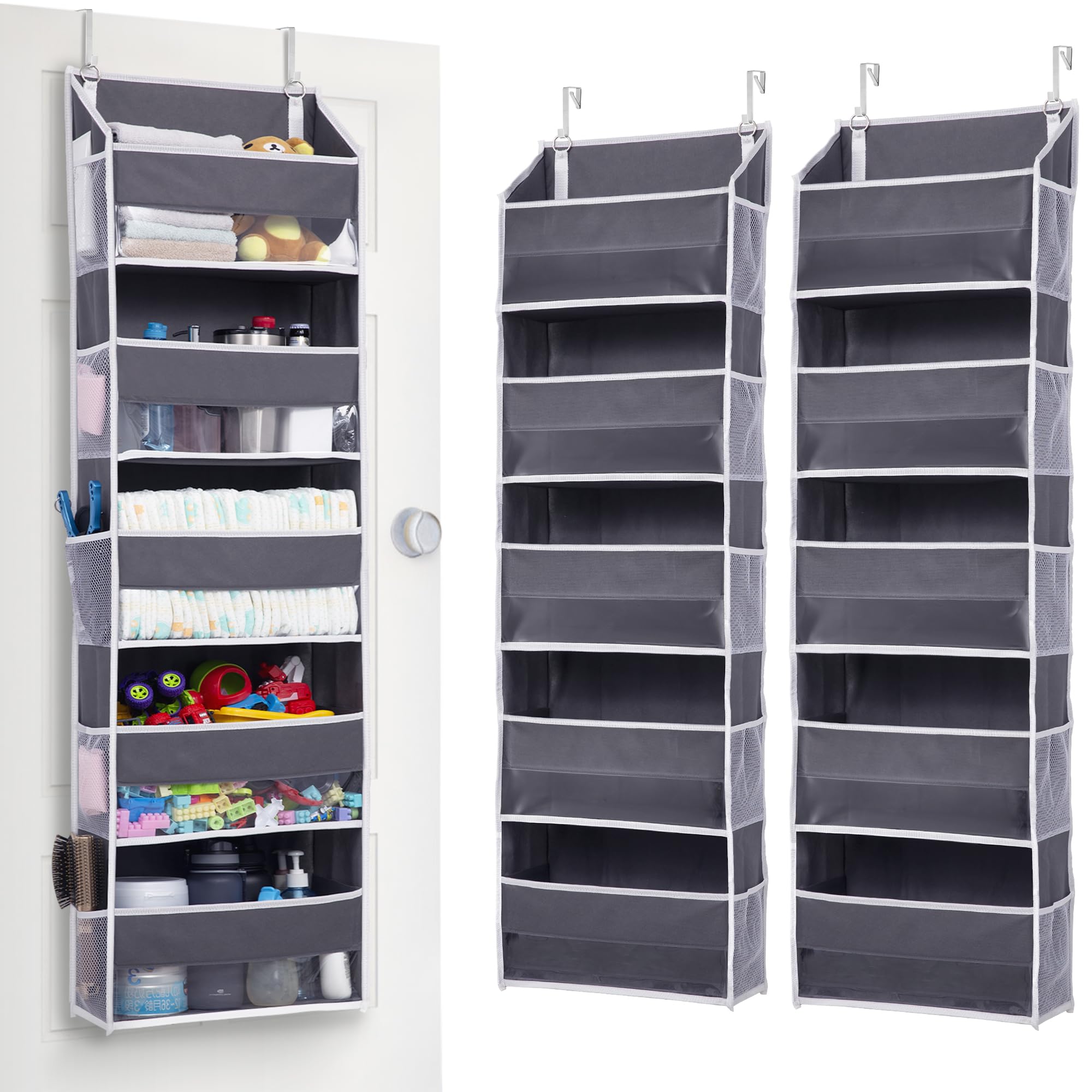 ULG over-the-door organizer front view in dark gray shows five roomy pockets for dorm storage