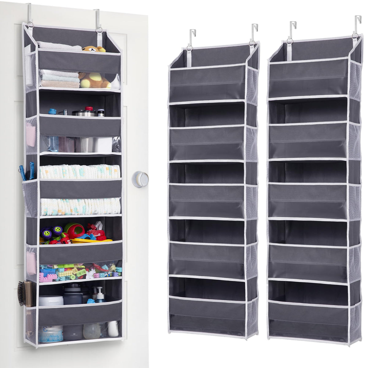 ULG over-the-door organizer front view in dark gray shows five roomy pockets for dorm storage