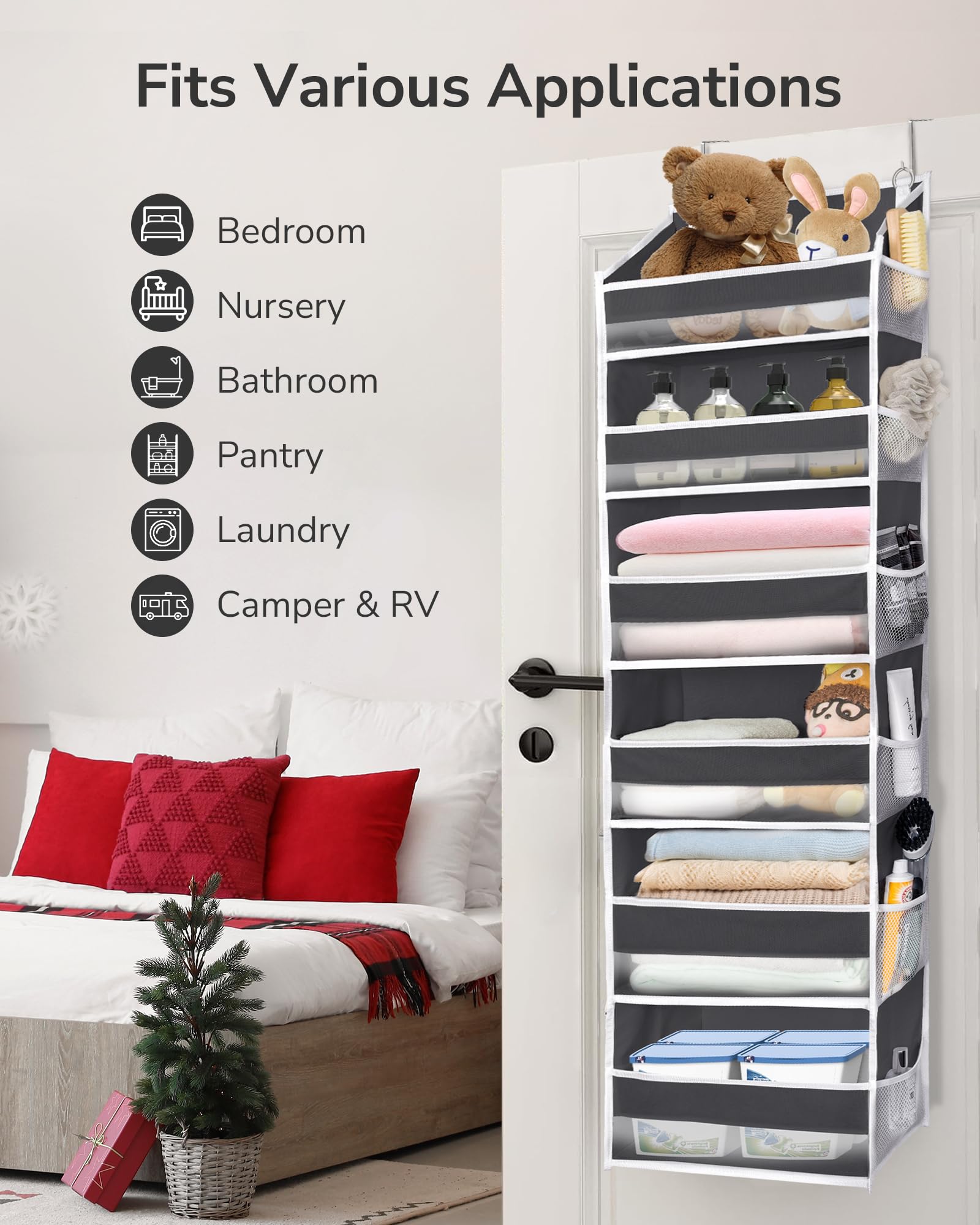 ULG over-the-door organizer installs over doors up to 1.8 inches thick.