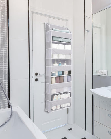 ULG over-the-door organizer light gray pocket setup for towels and toys.