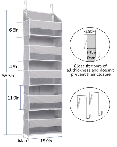 ULG over-the-door organizer light gray side view showing extra mesh pockets.