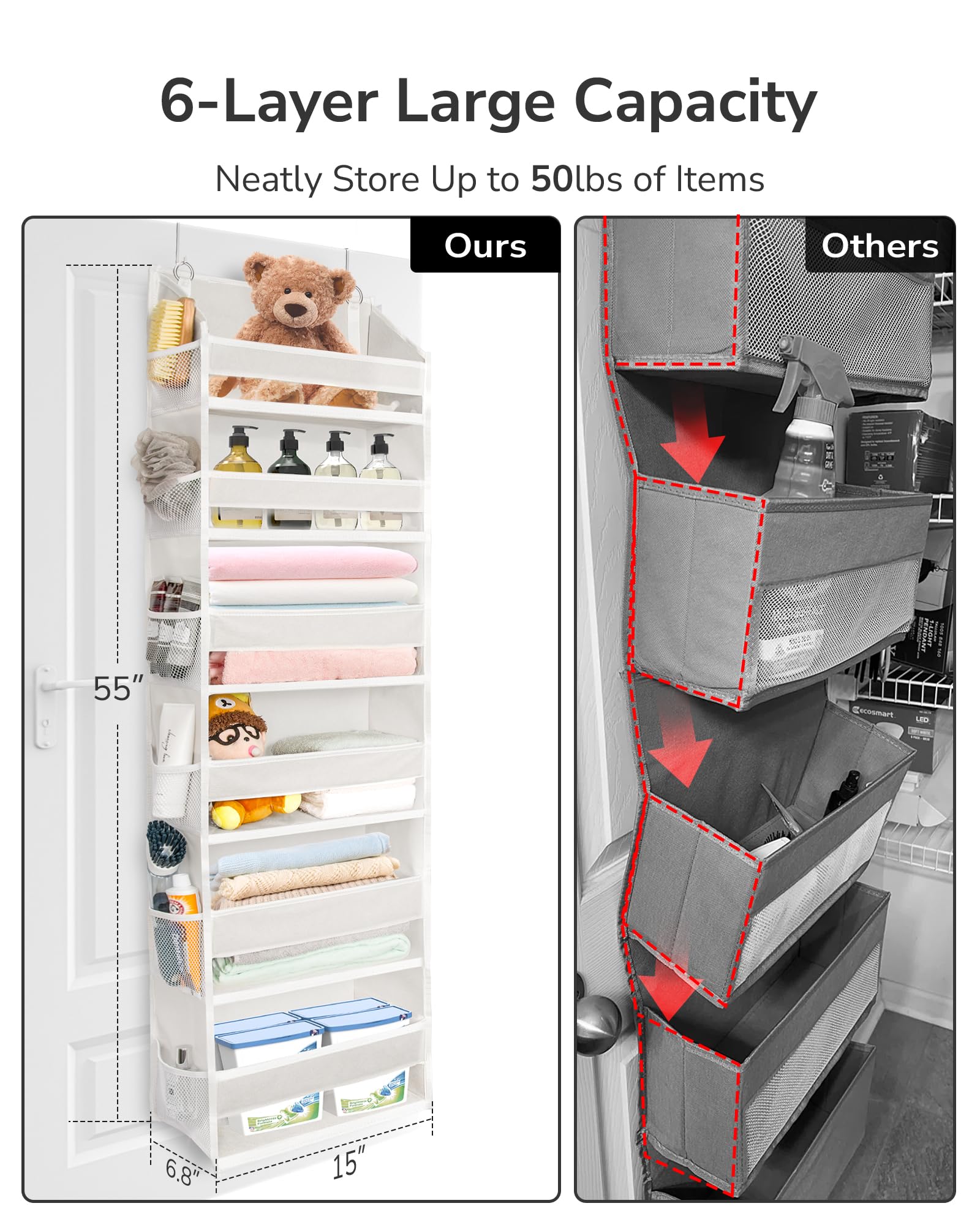 ULG over-the-door organizer side pockets detail for easy access to cosmetics and gadgets.