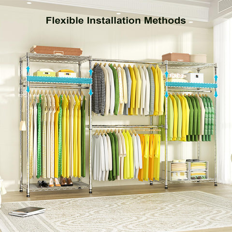 Ulif E1 closet rack with four hanger rods extended for longer garments.
