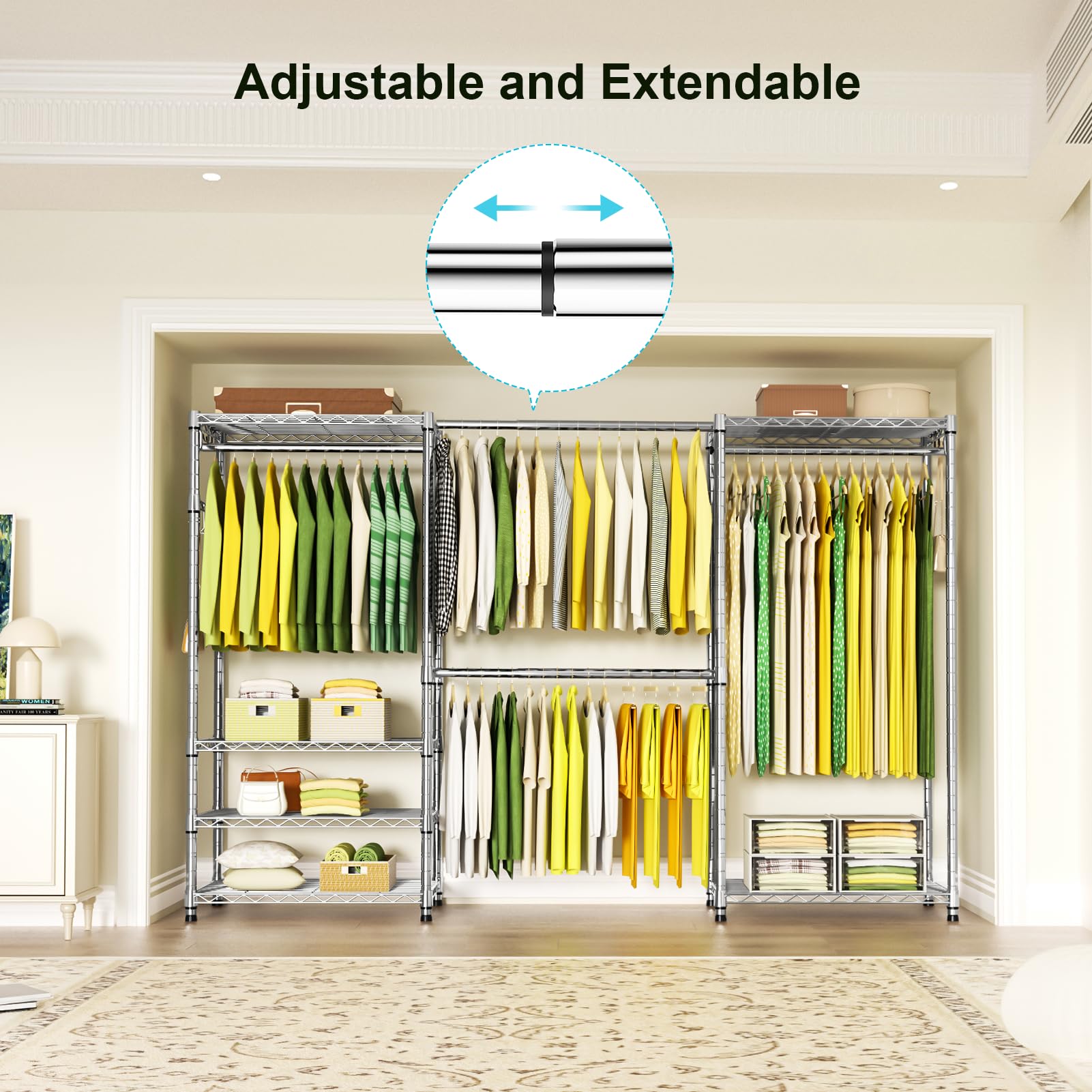 Ulif E1 closet rack six-tier shelves maximize storage for clothes, shoes, and accessories.