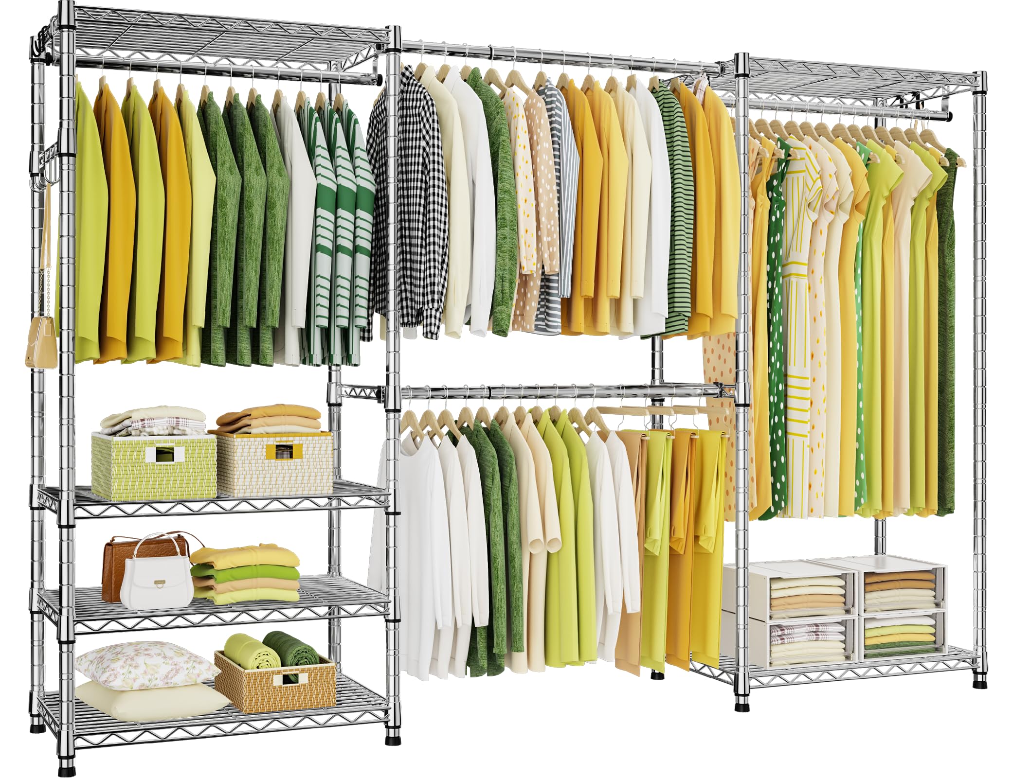 Ulif E1 heavy duty closet rack front view shows sturdy chrome frame with adjustable shelves.
