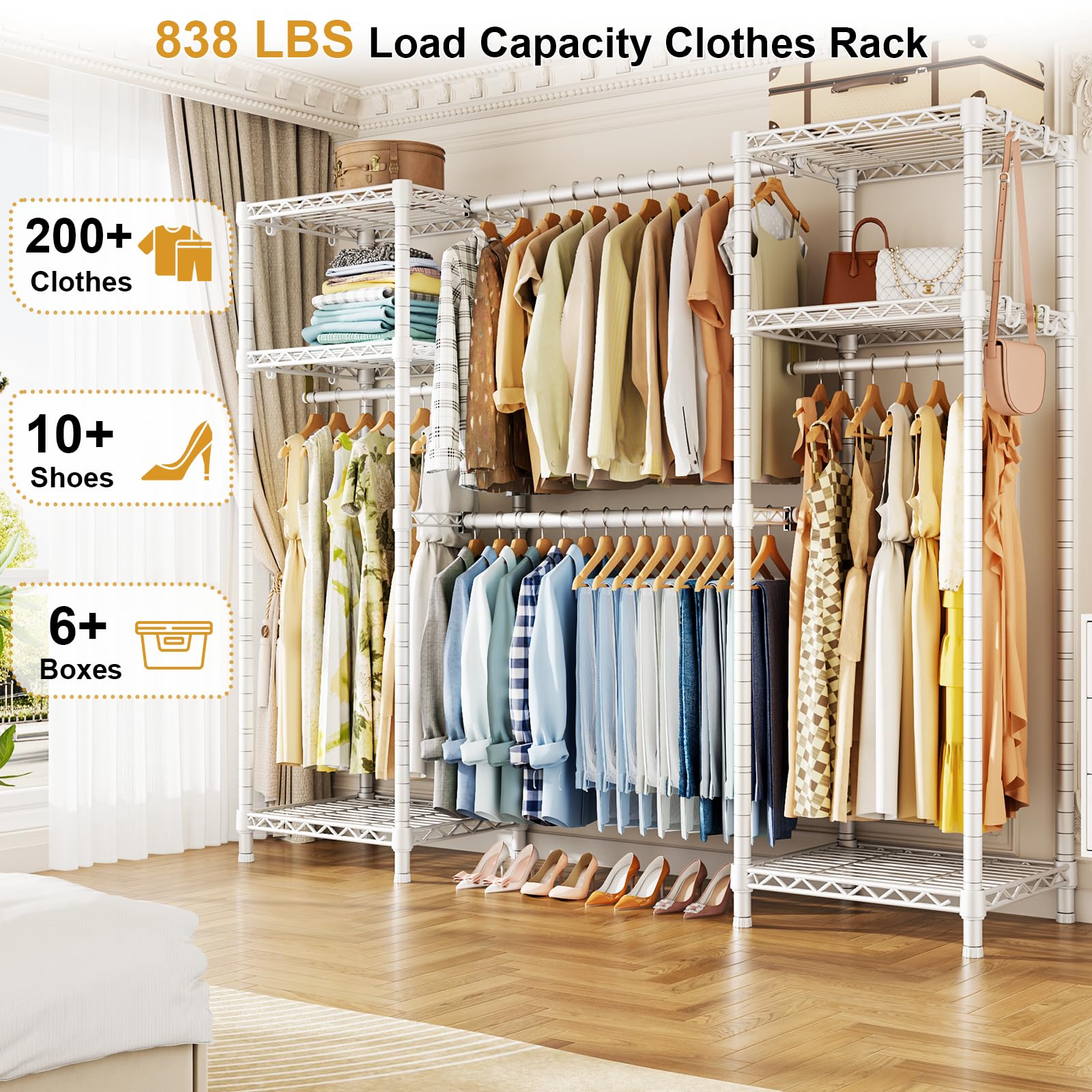 Ulif E7 with expandable hanger rods demonstrates adaptable hanging space for longer garments.