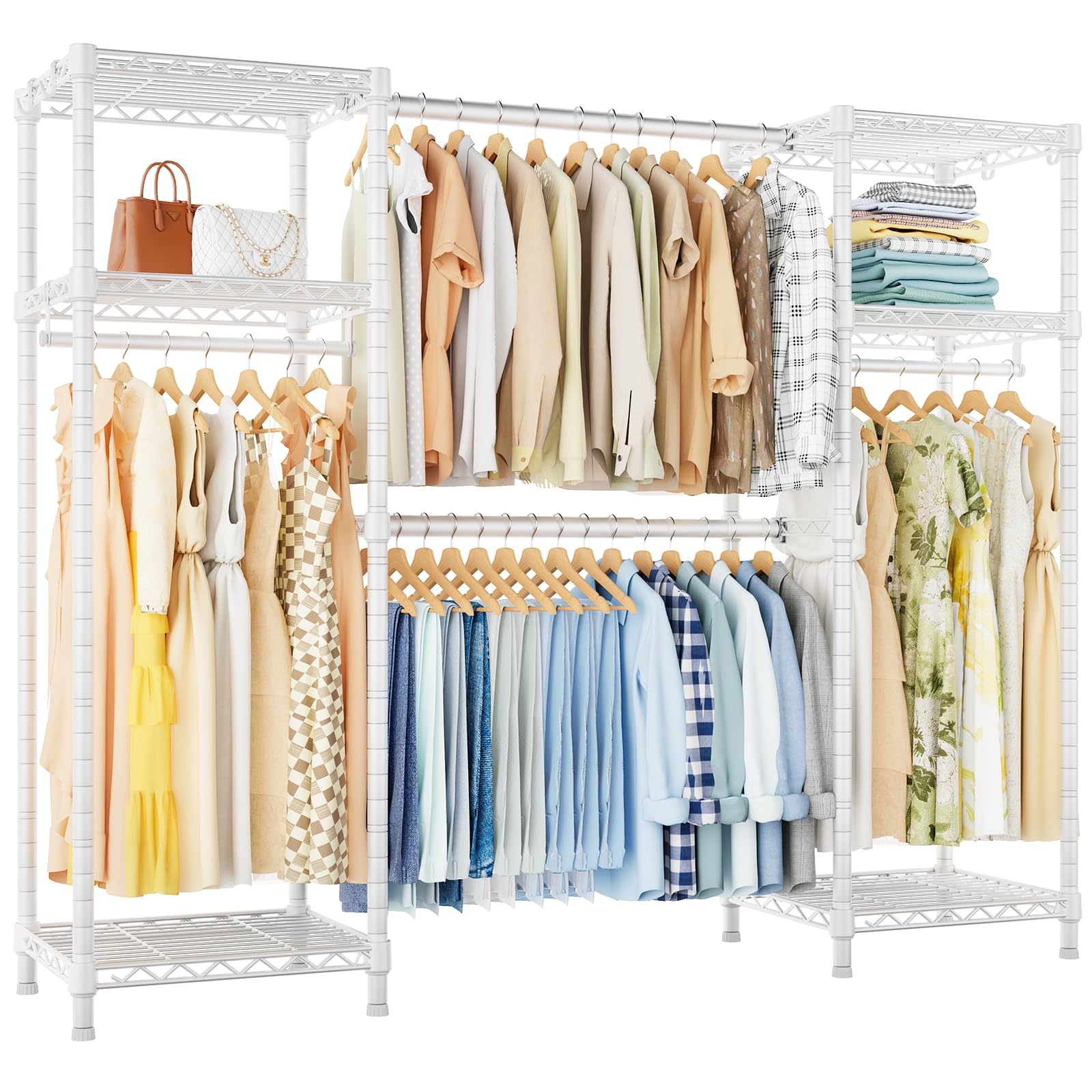 Ulif E7 heavy-duty garment rack in full view showing sturdy white finish and spacious layout.