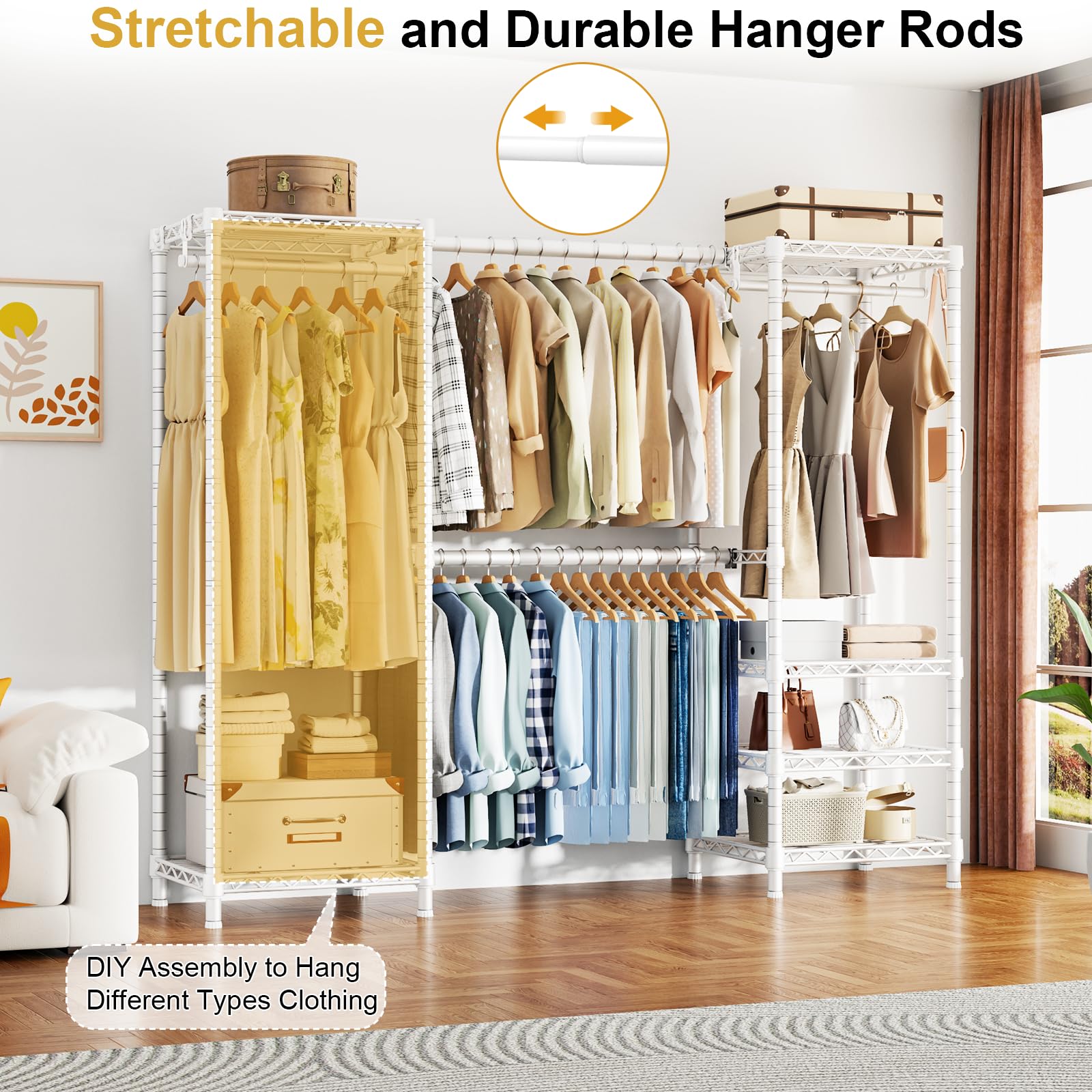Ulif E7 wire shelves highlight high-capacity storage and easy access to folded items.